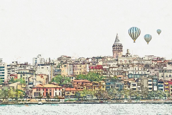Egy akvarell Vázlat vagy gyönyörű kilátást Isztambul hagyományos építészeti illusztrációja — Stock Fotó
