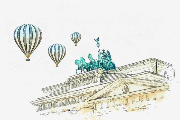 En akvarell skiss eller illustration av Brandenburger Tor i Berlin, Tyskland. — Stockfoto