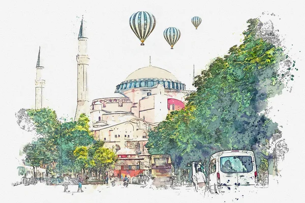En akvarell skiss eller illustration av en vacker utsikt över katedralen Aya Sofia i Istanbul — Stockfoto