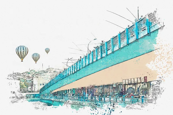 水彩スケッチやイラスト。イスタンブールのガラタ橋 — ストック写真