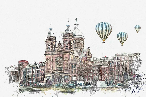 Illustration or watercolor sketch. Traditional old architecture in Amsterdam. — Stock Photo, Image