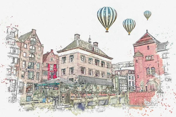 Illustration oder Aquarellskizze. traditionelle alte architektur in amsterdam. — Stockfoto