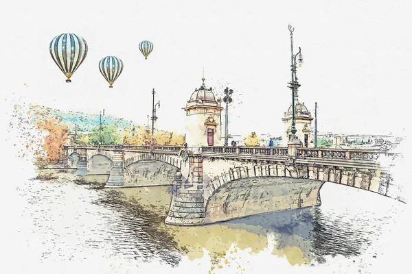 Illustration bron över floden Moldau i Prag — Stockfoto