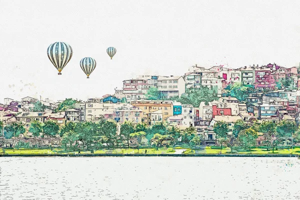 Un boceto de acuarela o ilustración de una hermosa vista de la arquitectura tradicional en Estambul — Foto de Stock