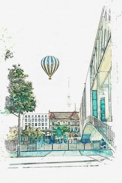 Desenho aquarela ou ilustração de uma bela rua com arquitetura em Berlim . — Fotografia de Stock