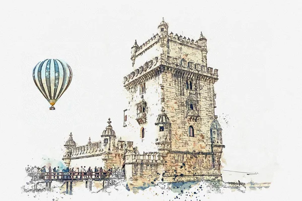 Illustrasjon. Torre de Belem eller Belemtårnet er en av attraksjonene i Lisboa. . – stockfoto