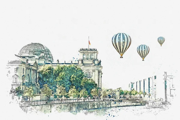 Dibujo en acuarela o ilustración de una hermosa vista del Reichstag en Berlín . — Foto de Stock