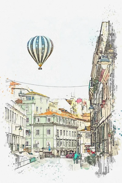 Illusztráció hagyományos street, Lisszabon, Portugália — Stock Fotó