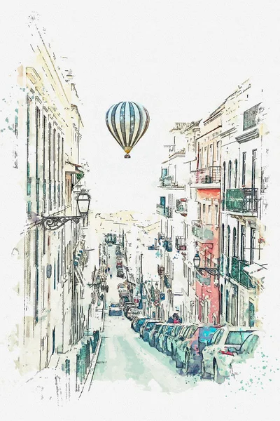 Um esboço aquarela ou uma ilustração. Vista da bela rua com casas, estradas e carros estacionados em Lisboa em Portugal . — Fotografia de Stock