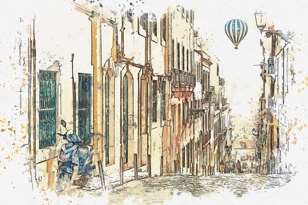 A watercolor sketch or an illustration. View of a beautiful street in Lisbon in Portugal.