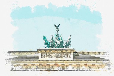 Bir suluboya kroki veya çizimi Brandenburg Kapısı, Berlin, Almanya.