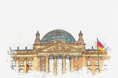 Suluboya kroki veya Berlin Reichstag güzel bir görünümünü gösteren resim.