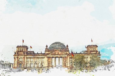 Suluboya kroki veya Berlin Reichstag güzel bir görünümünü gösteren resim.