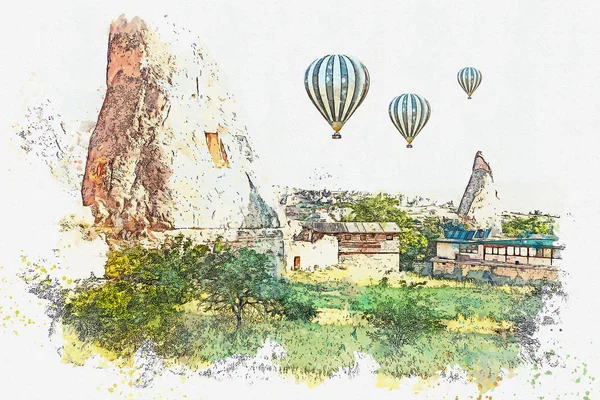 Um esboço aquarela ou ilustração. Balão de ar quente no céu em Kapadokia, na Turquia . — Fotografia de Stock