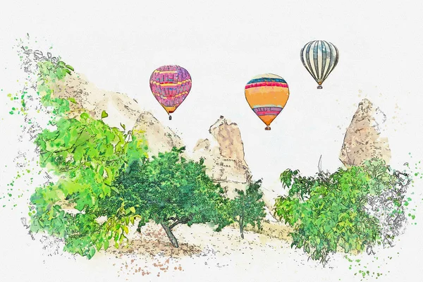 Szkic akwarela czy ilustracja. Balon na ogrzane powietrze w niebo w Kapadokia w Turcji. — Zdjęcie stockowe