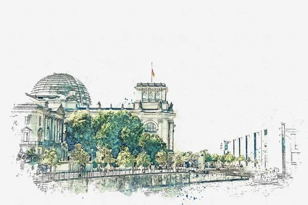 Dibujo en acuarela o ilustración de una hermosa vista del Reichstag en Berlín . —  Fotos de Stock