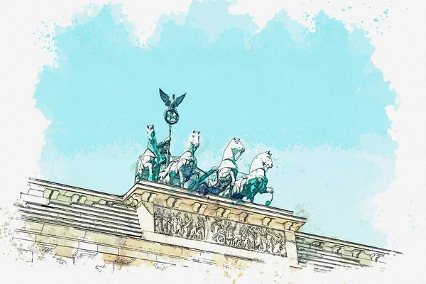Bir suluboya kroki veya çizimi Brandenburg Kapısı, Berlin, Almanya.