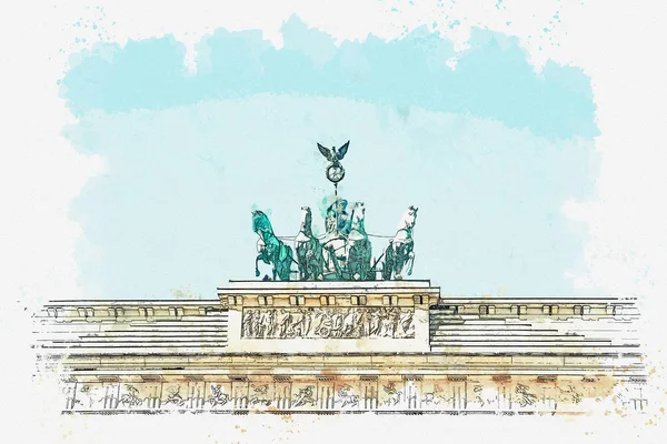德国柏林勃兰登堡门的水彩素描或插图. — 图库照片