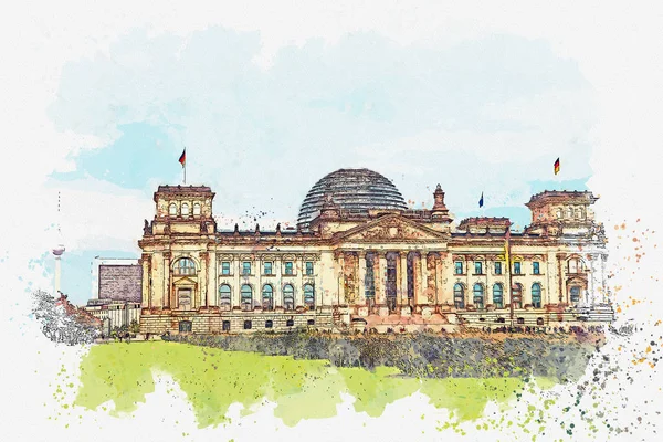 柏林国会大厦的美丽景色的水彩画或插图. — 图库照片