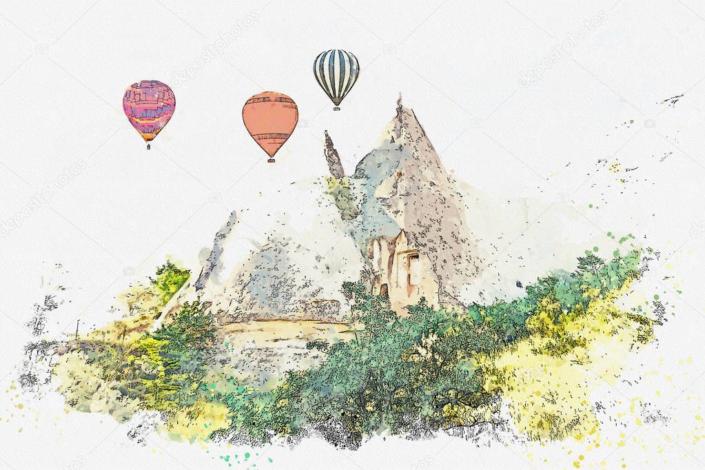 A watercolor sketch or illustration. Hot air balloon in the sky in Kapadokia in Turkey.