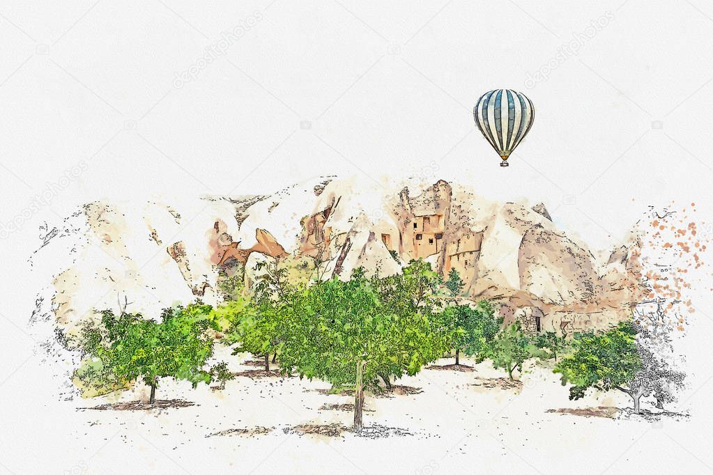 A watercolor sketch or illustration. Hot air balloon in the sky in Kapadokia in Turkey.