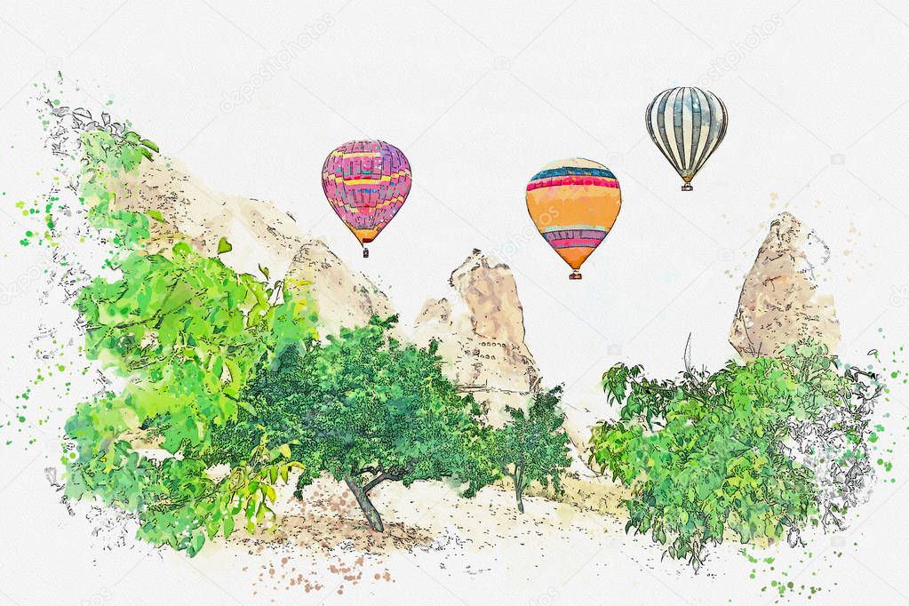 A watercolor sketch or illustration. Hot air balloon in the sky in Kapadokia in Turkey.