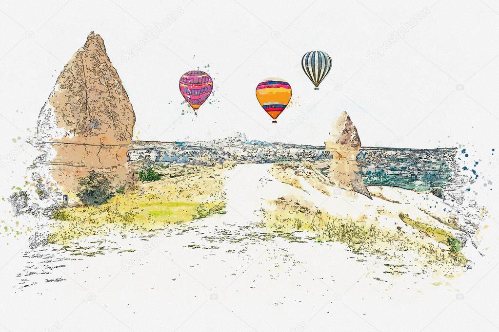 A watercolor sketch or illustration. Hot air balloon in the sky in Kapadokia in Turkey.