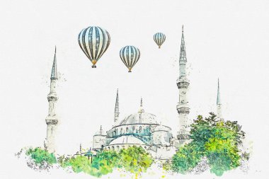 Bir suluboya kroki veya illüstrasyon. Ünlü Sultanahmet Camii Istanbul'da Sultanahmet denir. Türkiye