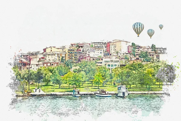 Eine aquarellierte Skizze oder Illustration einer schönen Ansicht der traditionellen Architektur in Istanbul — Stockfoto