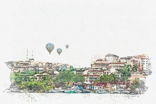 Um esboço aquarela ou ilustração de uma bela vista da arquitetura tradicional em Istambul — Fotografia de Stock