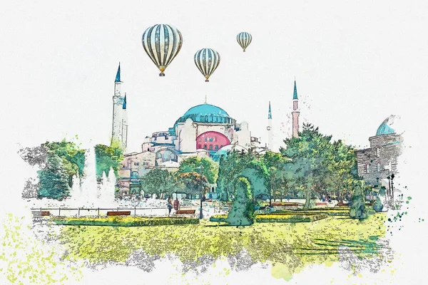 Bir suluboya kroki veya Aya Sofya Katedrali Istanbul'da güzel bir manzara resmi
