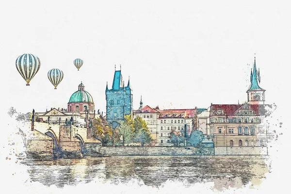 Illustration. Traditional ancient architecture in Prague. — Stock Photo, Image