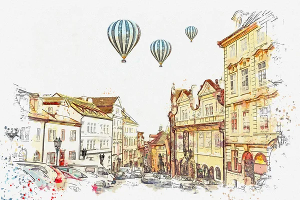 Illustration. Traditionelle antike Architektur in Prag. — Stockfoto