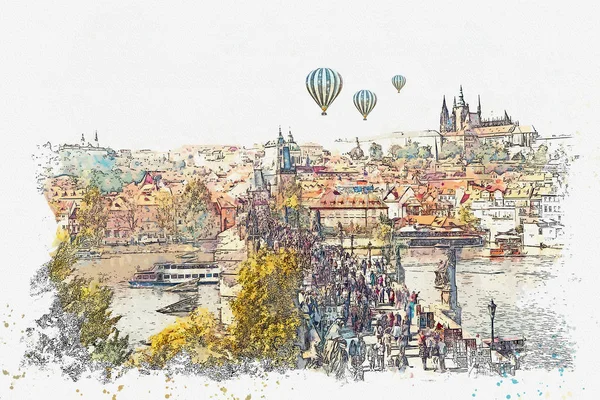 Illustration. traditionelle antike Architektur in Prag und die Karlsbrücke — Stockfoto