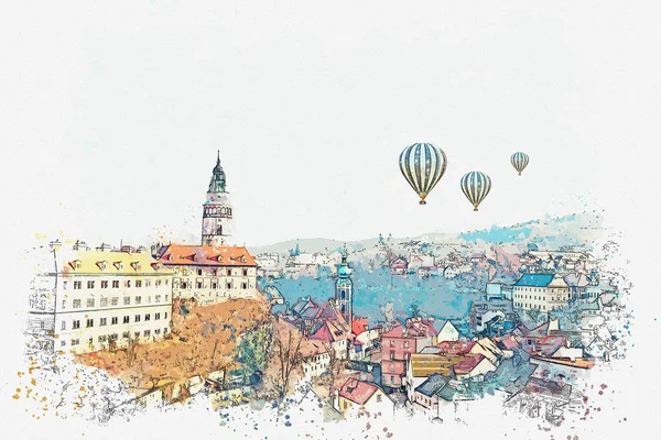 捷克共和国捷克克鲁姆洛夫的水彩素描或传统建筑插图. — 图库照片