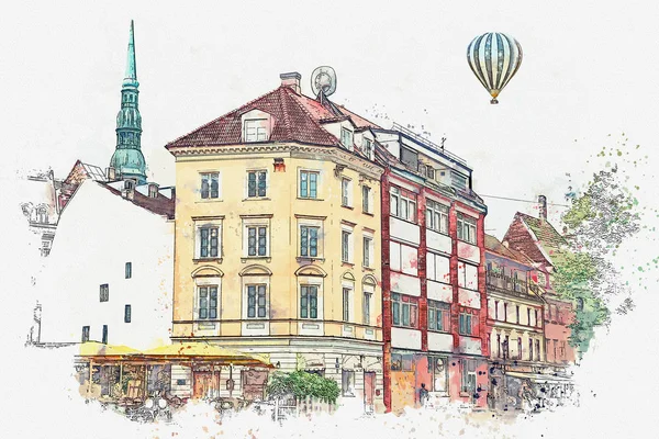 Suluboya bir kroki ya da Riga mimarisinin güzel bir manzara bir çizimi.