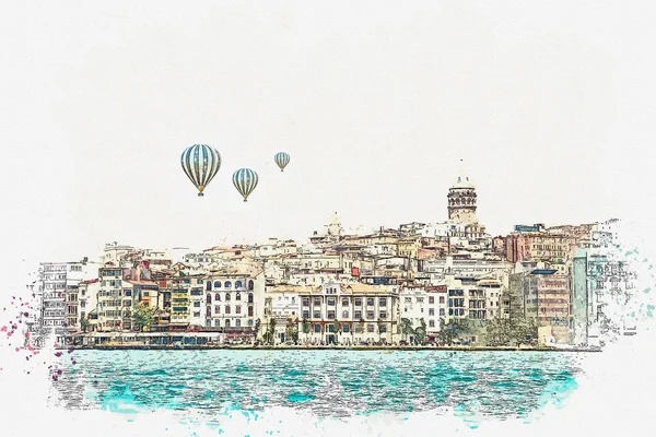 Акварель ескіз або ілюстрації з прекрасним видом на традиційну архітектуру в Стамбулі — стокове фото