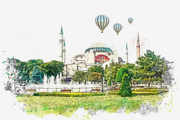 Egy akvarell Vázlat vagy egy gyönyörű kilátást Isztambul Aya Sofia székesegyház illusztrációja — Stock Fotó