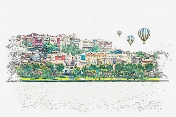 Um esboço aquarela ou ilustração de uma bela vista da arquitetura tradicional em Istambul — Fotografia de Stock