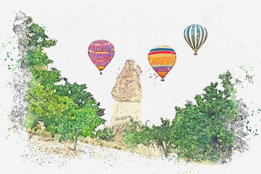 A watercolor sketch or illustration. Hot air balloon in the sky in Kapadokia in Turkey.