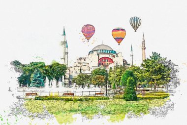 Bir suluboya kroki veya Aya Sofya Katedrali Istanbul'da güzel bir manzara resmi