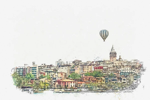 Un boceto de acuarela o ilustración de una hermosa vista de la arquitectura tradicional en Estambul —  Fotos de Stock