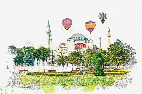 Szkic akwarela czy ilustracja piękny widok katedry Aya Sofia w Stambule — Zdjęcie stockowe