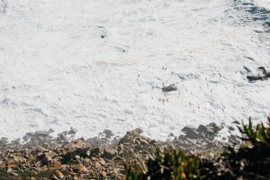 Dalga ve köpük deniz ya da okyanus kıyıya yakın çekim yakın:.