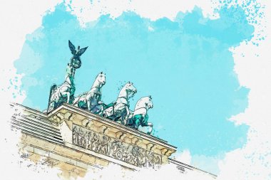 Bir suluboya kroki veya çizimi Brandenburg Kapısı, Berlin, Almanya.