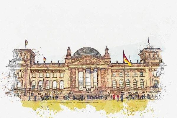 Schizzo ad acquerello o illustrazione di una splendida vista del Reichstag a Berlino . — Foto Stock