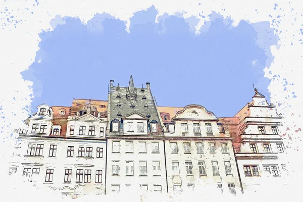 Иллюстрация вида на дома в Лейпциге — стоковое фото