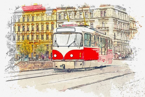 Prag 'da geleneksel tramvay. — Stok fotoğraf