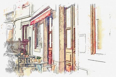 Sokak kafe nin bir görünümü İllüstrasyon