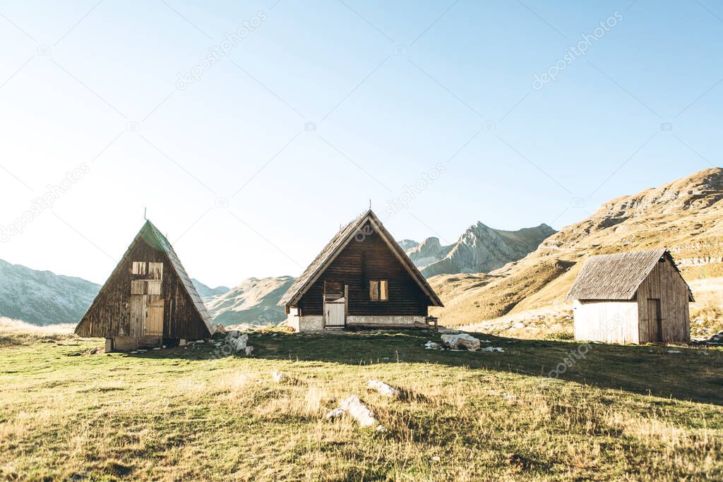 The traditional wooden summer houses of shepherds in the highlands in northern Montenegro are abandoned in the fall.